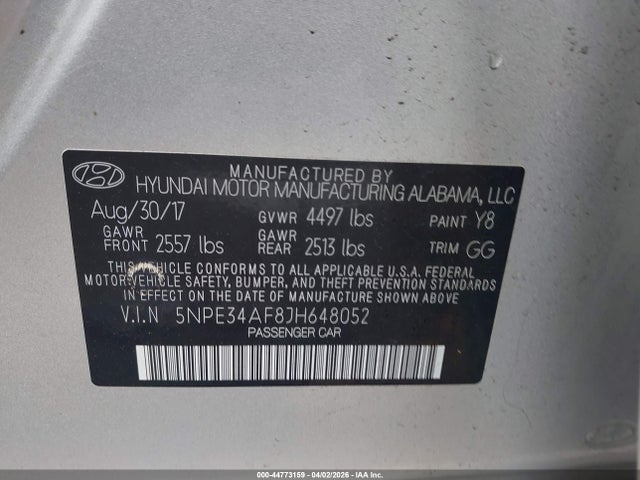 2018 Hyundai Sonata Sel მანქანა იყიდება აუქციონზე, vin: 5NPE34AF8JH648052, აუქციონის ნომერი: 44773159