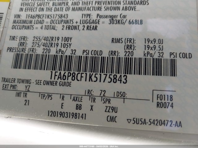 Продаж на аукціоні авто 2019 Ford Mustang Gt, vin: 1FA6P8CF1K5175843, номер лоту: 44773160