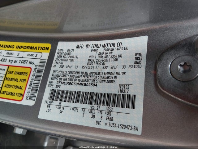 Продажа на аукционе авто 2021 Ford Bronco Sport Outer Banks, vin: 3FMCR9C69MRB02504, номер лота: 44773174