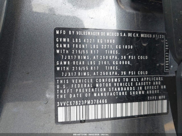 44773190 :رقم المزاد ، 3VVCX7B23PM378466 vin ، 2023 Volkswagen Taos 1.5t S مزاد بيع