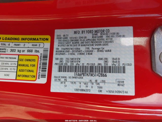 Продажа на аукционе авто 2021 Ford Mustang Ecoboost Premium Fastback, vin: 1FA6P8TH7M5142866, номер лота: 44773216