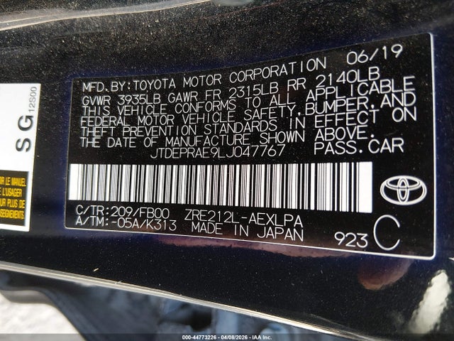 2020 Toyota Corolla Le მანქანა იყიდება აუქციონზე, vin: JTDEPRAE9LJ047767, აუქციონის ნომერი: 44773226