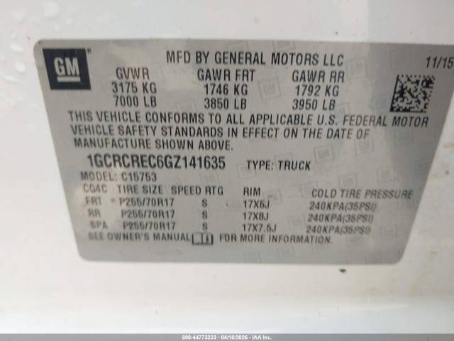 Aukcja sprzedaży 2016 Chevrolet Silverado 1500 1lt, vin: 1GCRCREC6GZ141635, numer aukcji: 44773233