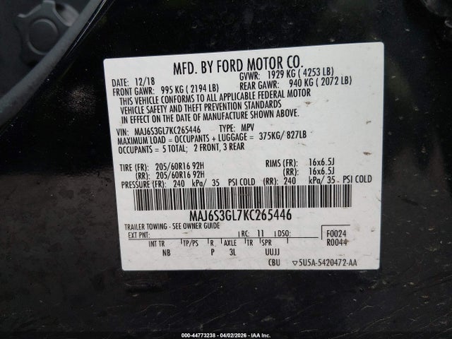 Продажа на аукционе авто 2019 Ford Ecosport Se, vin: MAJ6S3GL7KC265446, номер лота: 44773238