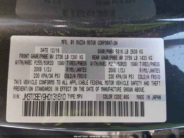 44773243 :رقم المزاد ، JM3TCBEY9H0131610 vin ، 2017 Mazda Cx-9 Signature مزاد بيع