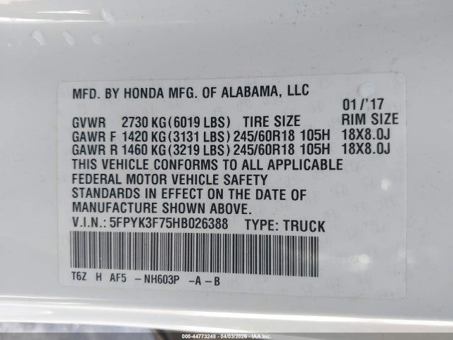 5FPYK3F75HB026388 Honda Ridgeline Rtl-e