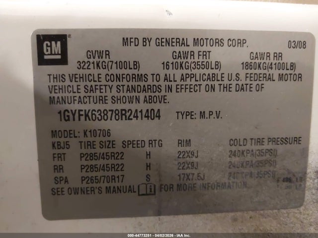 2008 CADILLAC ESCALADE 1GYFK63878R241404 Photo 8