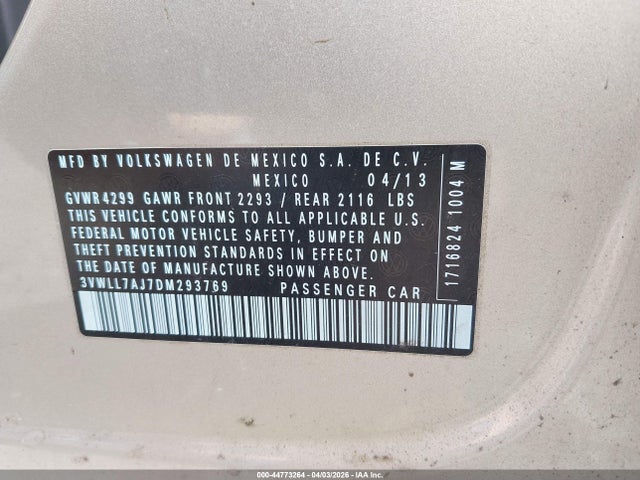 2013 Volkswagen Jetta 2.0l Tdi მანქანა იყიდება აუქციონზე, vin: 3VWLL7AJ7DM293769, აუქციონის ნომერი: 44773264