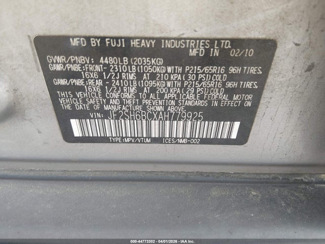Продаж на аукціоні авто 2010 Subaru Forester 2.5x, vin: JF2SH6BCXAH779925, номер лоту: 44773302