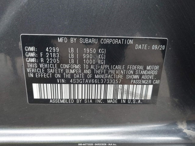 44773325 :رقم المزاد ، 4S3GTAV66L3733357 vin ، 2020 Subaru Impreza Premium 5-door مزاد بيع