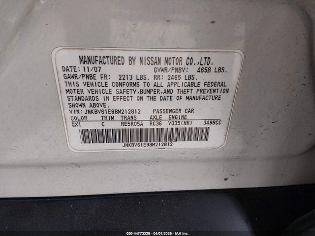 44773329 :رقم المزاد ، JNKBV61E98M212812 vin ، 2008 Infiniti G35 Journey مزاد بيع