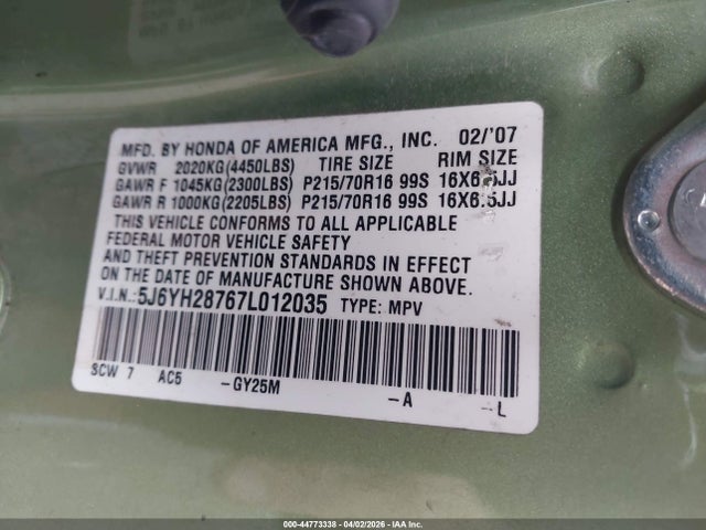 2007 HONDA ELEMENT 5J6YH28767L012035 Photo 8
