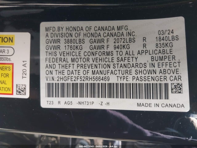 Продаж на аукціоні авто 2024 Honda Civic Sport, vin: 2HGFE2F52RH566469, номер лоту: 44773343