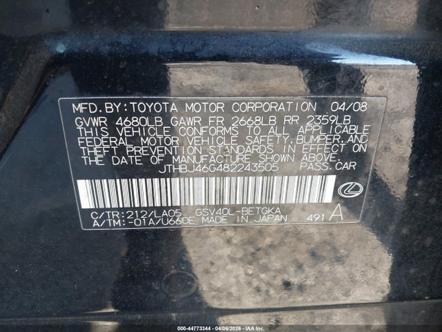 Aukcja sprzedaży 2008 Lexus Es 350, vin: JTHBJ46G482243505, numer aukcji: 44773344