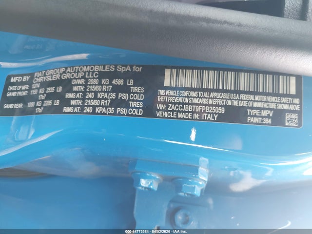 2015 Jeep Renegade Latitude მანქანა იყიდება აუქციონზე, vin: ZACCJBBT9FPB25059, აუქციონის ნომერი: 44773364