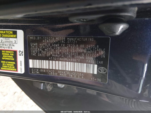 Продаж на аукціоні авто 2021 Toyota Camry Se, vin: 4T1G11AK6MU489676, номер лоту: 44773365