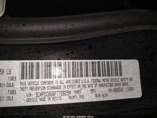 2015 Dodge Journey Sxt მანქანა იყიდება აუქციონზე, vin: 3C4PDCBG6FT728254, აუქციონის ნომერი: 44773374