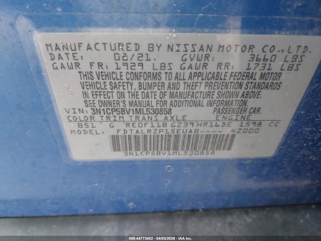 2021 Nissan Kicks S Xtronic Cvt მანქანა იყიდება აუქციონზე, vin: 3N1CP5BV1ML530858, აუქციონის ნომერი: 44773402