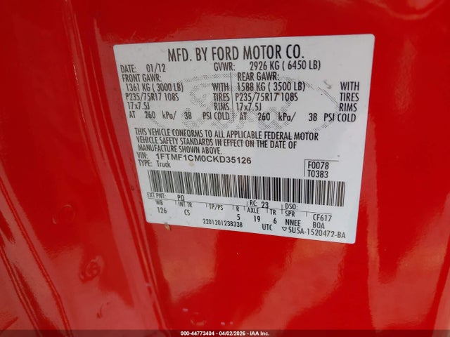 Продажа на аукционе авто 2012 Ford F-150 Stx, vin: 1FTMF1CM0CKD35126, номер лота: 44773404