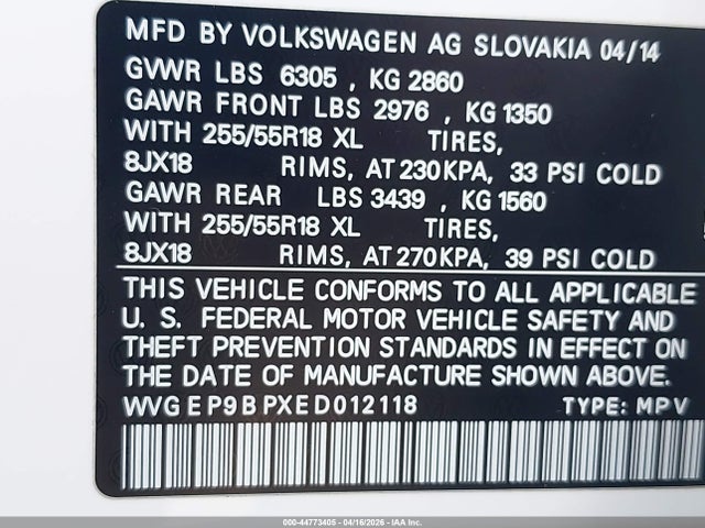 Продажа на аукционе авто 2014 Volkswagen Touareg Tdi Sport, vin: WVGEP9BPXED012118, номер лота: 44773405
