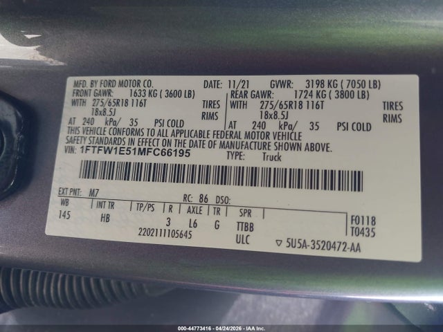 Auction sale of the 2021 Ford F-150 Lariat, vin: 1FTFW1E51MFC66195, lot number: 44773416