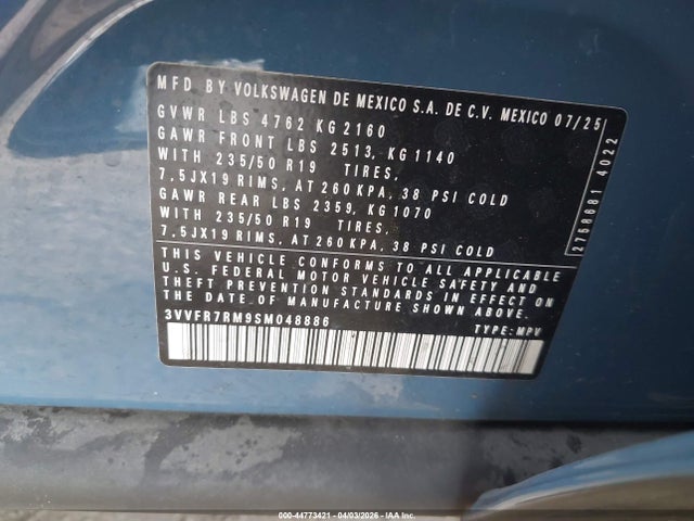 Aukcja sprzedaży 2025 Volkswagen Tiguan 2.0t Se, vin: 3VVFR7RM9SM048886, numer aukcji: 44773421