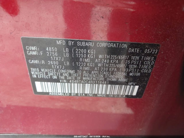 44773427 :رقم المزاد ، 4S4BTADC4R3116481 vin ، 2024 Subaru Outback Premium مزاد بيع