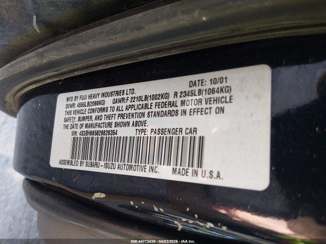 Aukcja sprzedaży 2002 Subaru Outback, vin: 4S3BH665826626354, numer aukcji: 44773430