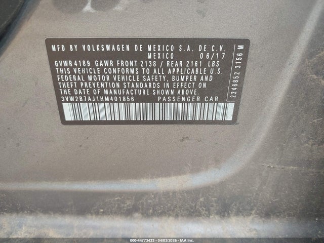 2017 Volkswagen Jetta 1.4t S მანქანა იყიდება აუქციონზე, vin: 3VW2B7AJ1HM401856, აუქციონის ნომერი: 44773433