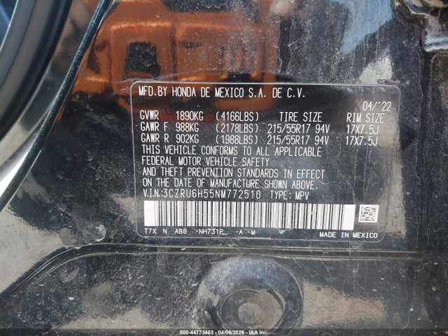 44773463 :رقم المزاد ، 3CZRU6H55NM772510 vin ، 2022 Honda Hr-v Awd Ex مزاد بيع