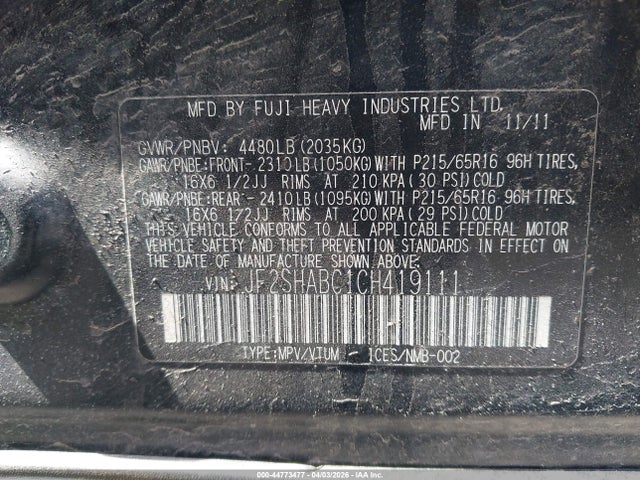 2012 Subaru Forester 2.5x მანქანა იყიდება აუქციონზე, vin: JF2SHABC1CH419111, აუქციონის ნომერი: 44773477