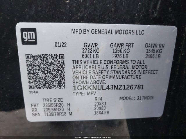 1GKKNUL43NZ126781 GMC Acadia Awd Slt