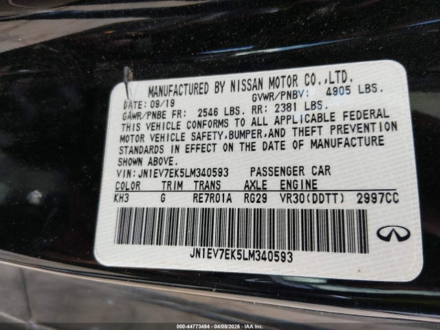 Aukcja sprzedaży 2020 Infiniti Q60 Luxe, vin: JN1EV7EK5LM340593, numer aukcji: 44773494