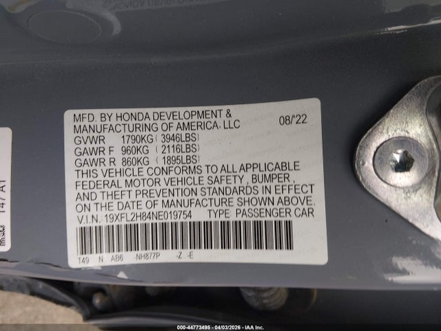 Aukcja sprzedaży 2022 Honda Civic Sport, vin: 19XFL2H84NE019754, numer aukcji: 44773495