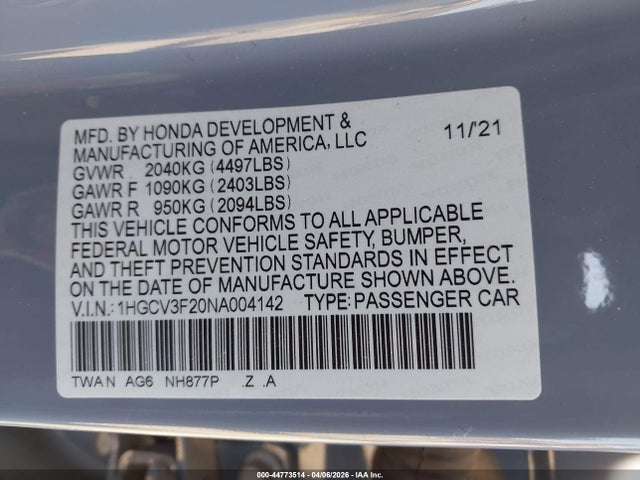 1HGCV3F20NA004142 Honda Accord Hybrid Sport