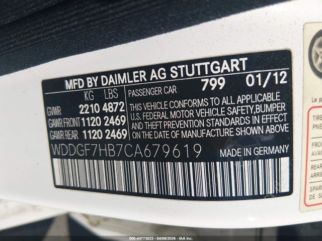 2012 Mercedes-benz C 63 Amg მანქანა იყიდება აუქციონზე, vin: WDDGF7HB7CA679619, აუქციონის ნომერი: 44773522