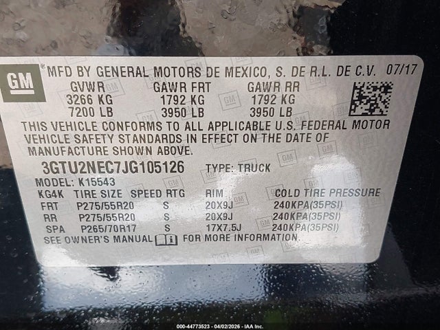 44773523 :رقم المزاد ، 3GTU2NEC7JG105126 vin ، 2018 Gmc Sierra 1500 Slt مزاد بيع