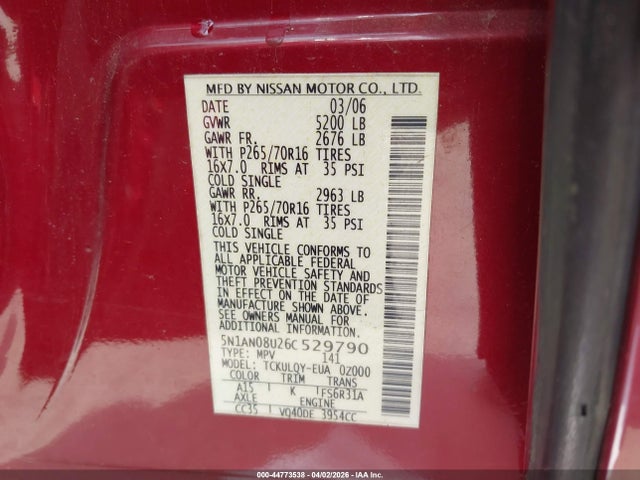 Продаж на аукціоні авто 2006 Nissan Xterra X, vin: 5N1AN08U26C529790, номер лоту: 44773538