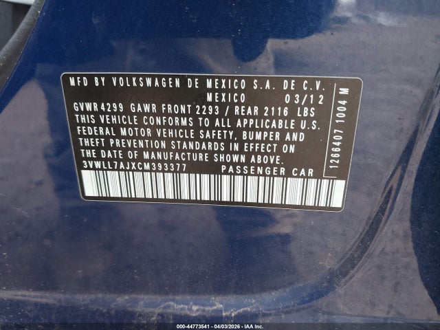 2012 Volkswagen Jetta 2.0l Tdi მანქანა იყიდება აუქციონზე, vin: 3VWLL7AJXCM393377, აუქციონის ნომერი: 44773541