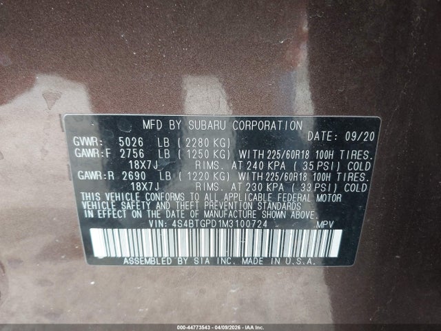Aukcja sprzedaży 2021 Subaru Outback Touring Xt, vin: 4S4BTGPD1M3100724, numer aukcji: 44773543