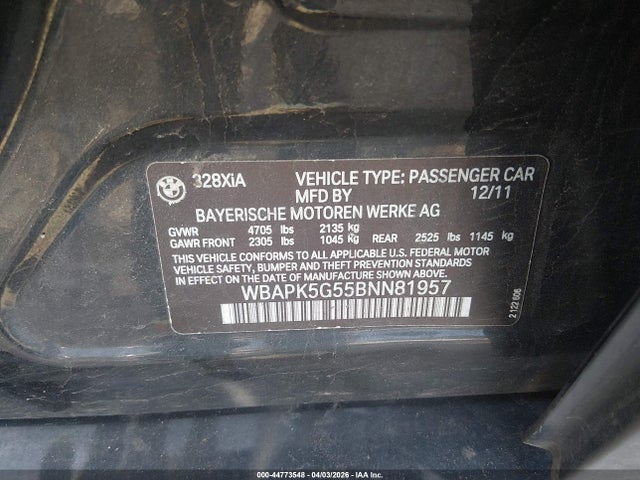44773548 :رقم المزاد ، WBAPK5G55BNN81957 vin ، 2011 Bmw 328i Xdrive مزاد بيع