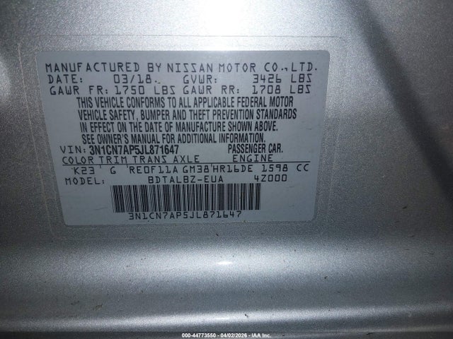 3N1CN7AP5JL871647 Nissan Versa 1.6 Sv