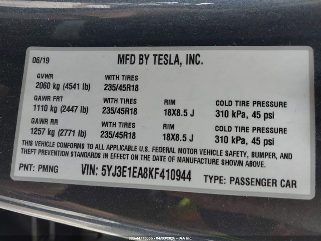 Продажа на аукционе авто 2019 Tesla Model 3 Long Range/mid Range/standard Range/standard Range Plus, vin: 5YJ3E1EA8KF410944, номер лота: 44773555