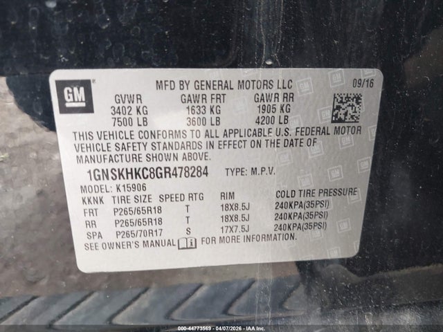 Продаж на аукціоні авто 2016 Chevrolet Suburban Lt, vin: 1GNSKHKC8GR478284, номер лоту: 44773569