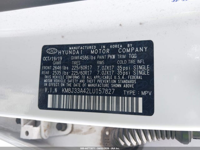 2020 Hyundai Tucson Value მანქანა იყიდება აუქციონზე, vin: KM8J33A42LU157827, აუქციონის ნომერი: 44773571