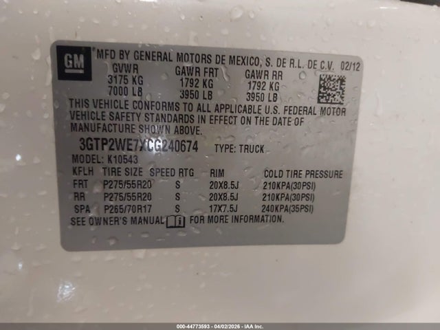 44773593 :رقم المزاد ، 3GTP2WE7XCG240674 vin ، 2012 Gmc Sierra 1500 Slt مزاد بيع