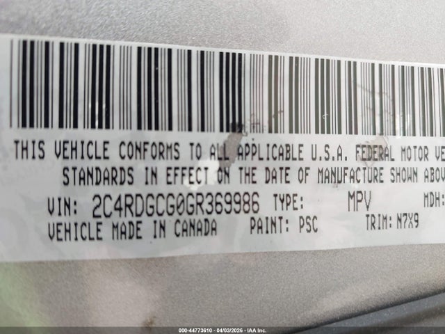 Продажа на аукционе авто 2016 Dodge Grand Caravan Sxt, vin: 2C4RDGCG0GR369986, номер лота: 44773610
