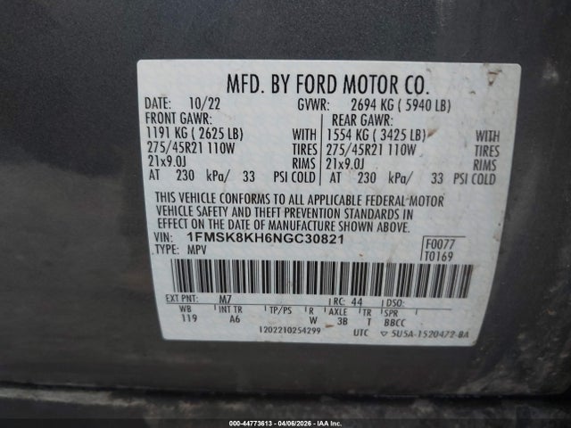 2022 Ford Explorer St-line მანქანა იყიდება აუქციონზე, vin: 1FMSK8KH6NGC30821, აუქციონის ნომერი: 44773613