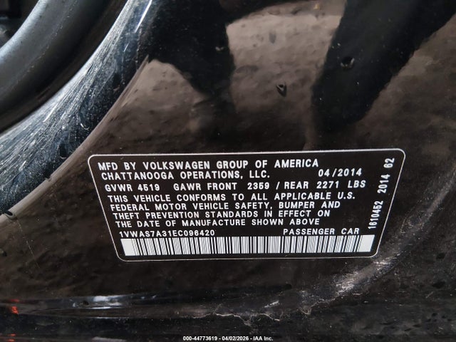 2014 Volkswagen Passat 1.8t S მანქანა იყიდება აუქციონზე, vin: 1VWAS7A31EC096420, აუქციონის ნომერი: 44773619