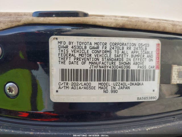 44773642 :رقم المزاد ، JTHFN48Y430046396 vin ، 2003 Lexus Sc 430 مزاد بيع